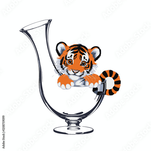 A playful cartoon tiger cub, striped orange and black, playfully peers from a glass vase, a symbol of wild feline energy in art