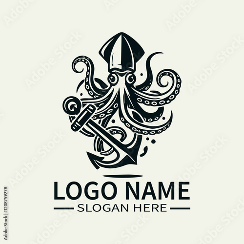Squid and Anchor Logo Design, Nautical Squid Logo