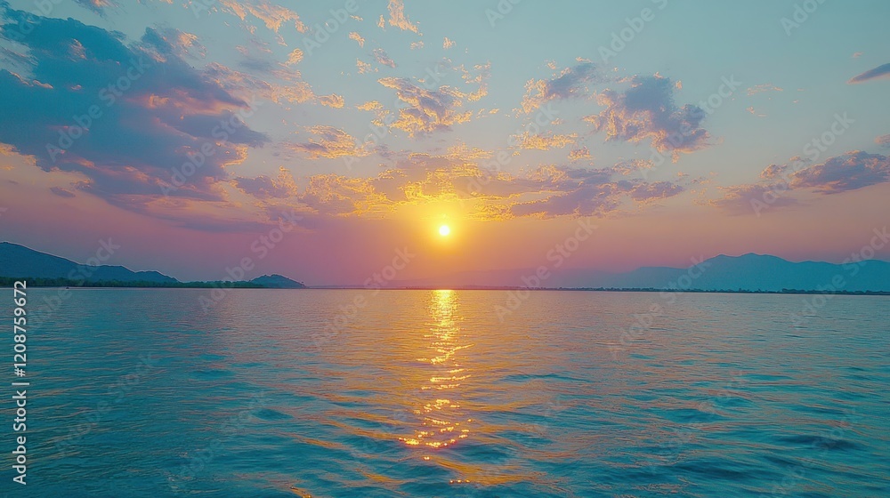 Obraz premium Sunset over calm lake, mountains backdrop