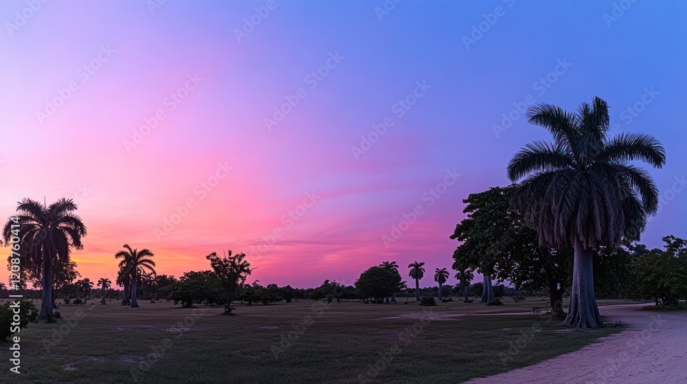 Obraz premium Sunset over Cuban palm grove, pastel sky, peaceful landscape, travel poster