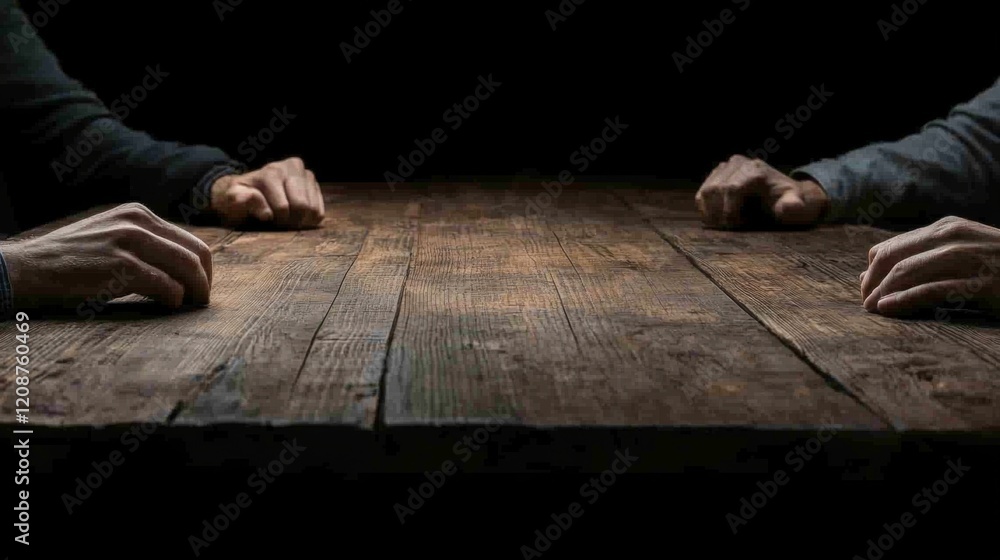 Two pairs of hands on a rustic wooden table, dark background. Two pairs of hands on a rustic wooden table, dark background.