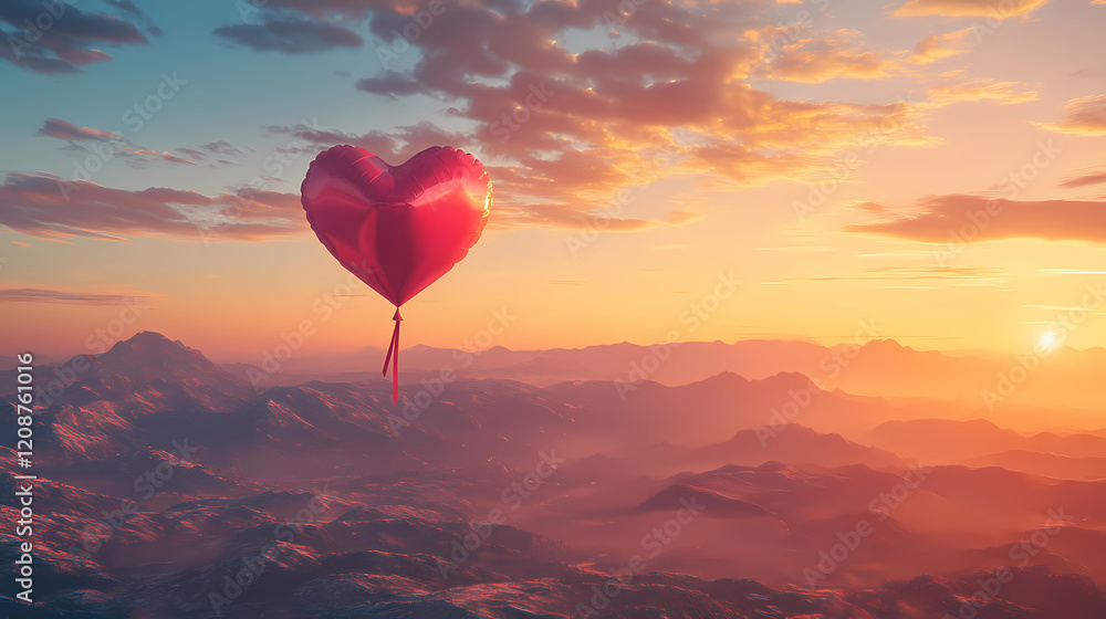 Fototapeta premium Romantic heart balloon soaring into the sky