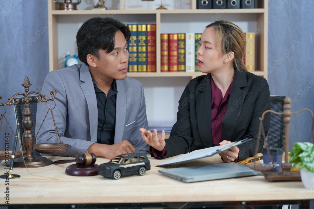 Obraz premium Lawyers advise women whose miniature cars are symbols of auctions or court proceedings against accident drivers and get car insurance payments on the table.