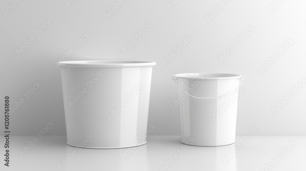 A white bucket and a small container, commonly used for storage or carrying various materials. A white bucket and a small container, commonly used for storage or carrying various materials.