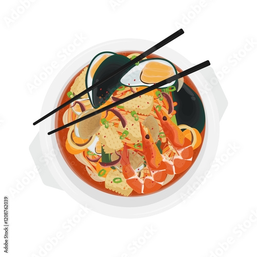 Vector Illustration Logo Clipart Korean Spicy Seafood Noodles Jjampong photo