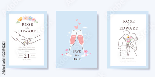 Elegant wedding invitation card background vector. Minimal hand drawn bride and groom in watercolor botanical flowers texture. Design for wedding, vip cover template, rsvp modern card, poster. 