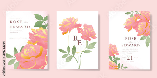 Elegant wedding invitation card background vector. Minimal hand painted pink and peach watercolor rose flowers texture. Design illustration for wedding, vip cover, poster, rsvp modern card.