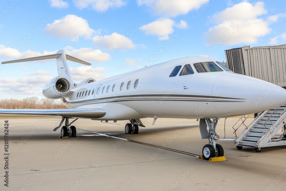 Sleek Luxury Private Jet on Tarmac with Blue Sky and Clouds in Background Ready for Takeoff in Spacious Airport Environment Sleek Luxury Private Jet on Tarmac with Blue Sky and Clouds in Background Ready for Takeoff in Spacious Airport Environment