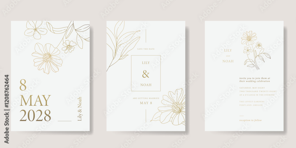 Elegant wedding invitation card background vector. Minimal hand drawn flower line art template background. Design illustration for wedding, vip cover, poster, rsvp modern card. Elegant wedding invitation card background vector. Minimal hand drawn flower line art template background. Design illustration for wedding, vip cover, poster, rsvp modern card.