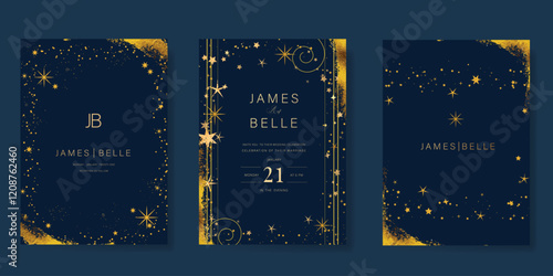 Luxury invitation card design vector set. Elegant wedding card with little star moon sun meteor and space decorative on navy blue background. Design illustration for cover, poster, gala.