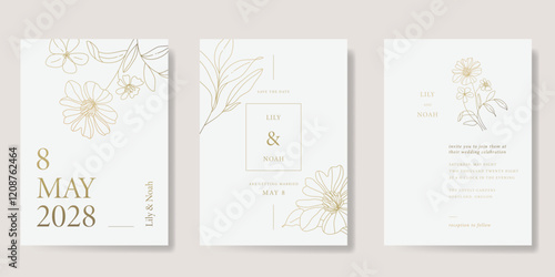 Elegant wedding invitation card background vector. Minimal hand drawn flower line art template background. Design illustration for wedding, vip cover, poster, rsvp modern card.