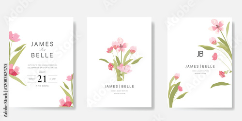 Elegant wedding invitation card background vector. Minimal hand painted watercolor botanical flowers texture template background. Design illustration for wedding, vip cover, poster, rsvp modern card.