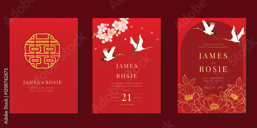 Red Chinese wedding card vector set. Luxury invitation card design with cherry blossom, peony flower, crane bird, frame. Illustration for vip cover, poster, rsvp modern card, Chinese New Year.