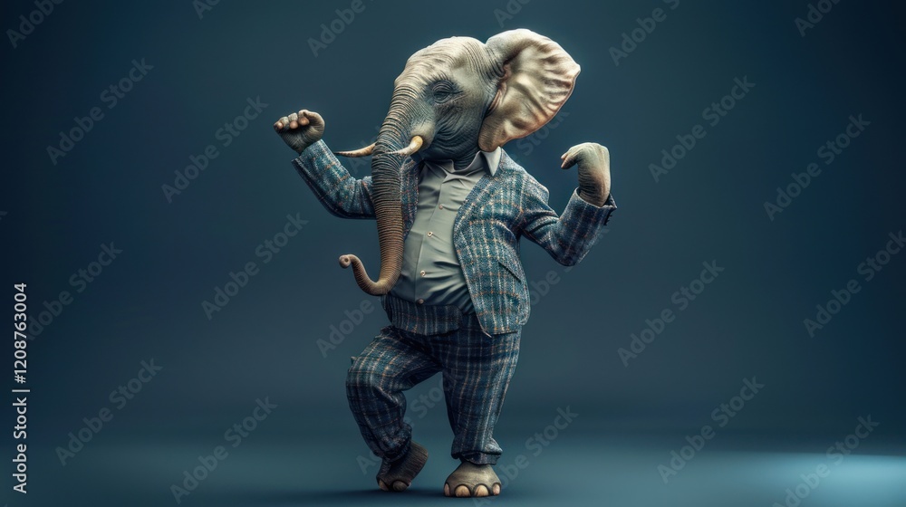 Trendy elephant dancing cheerfully on a dark blue background, AI generated image Trendy elephant dancing cheerfully on a dark blue background, AI generated image