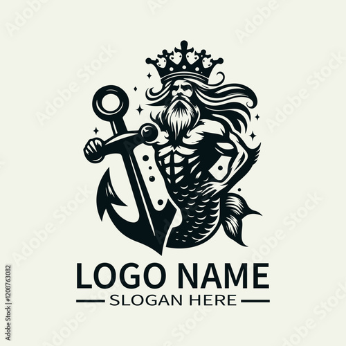 Mermaid King with Anchor Logo Design, Underwater King Logo