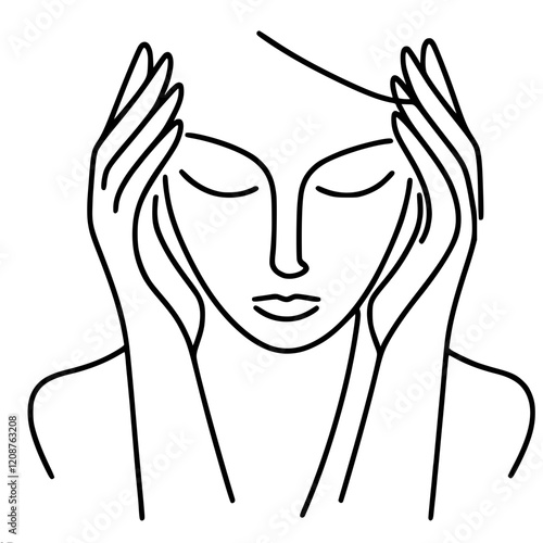 Line drawing of a man holding his head with his hands in a pouting, upset pose. Made in a minimalistic style, simple single line outline vector