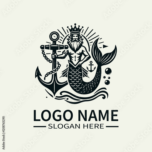 Mermaid King with Anchor Logo Design, Underwater King Logo