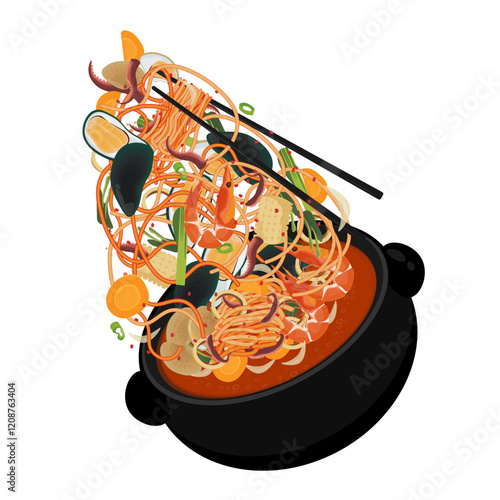Vector Illustration Logo Clipart Levitation Jjamppong Korean Spicy Seafood Noodle Soup