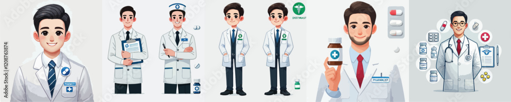 set of vector pharmacist characters in full uniform set of vector pharmacist characters in full uniform