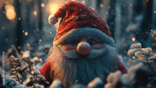 Cute snowman gnome sitting on a snowy mound with a festive red hat and snowy beard photo