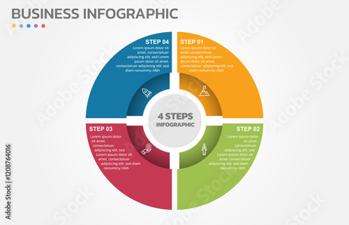 Visual data presentation. Cycle diagram with 4 options. Pie Chart Circle infographic template with 4 steps, options, parts, segments. Business concept. Marketing infographic vector illustration.