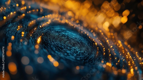 Abstract Blue Fingerprint Mesh Network and Data Flow in Cyberspace with Orange and Yellow Bokeh photo