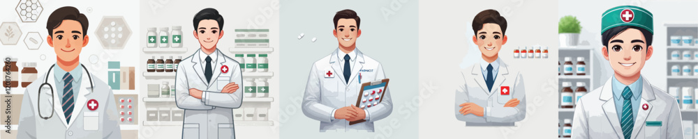 set of vector pharmacist characters in full uniform set of vector pharmacist characters in full uniform