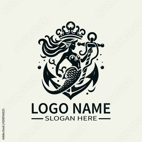 Mermaid King with Anchor Logo Design, Underwater King Logo