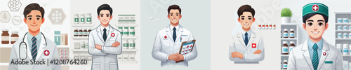 set of vector pharmacist characters in full uniform