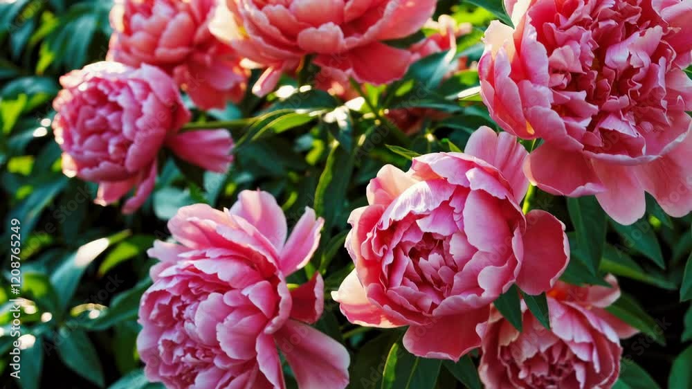 Blooming pink peonies among lush green foliage, vibrant and fresh floral arrangement concept Blooming pink peonies among lush green foliage, vibrant and fresh floral arrangement concept