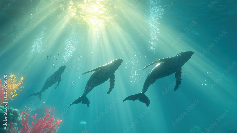 Fototapeta premium A family of humpback whales swimming gracefully in an ethereal underwater scene, rays of sunlight piercing the deep blue water, tiny bubbles glistening
