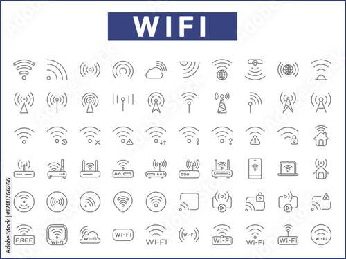 Signal And Wireless Technology Icon Set. Vector collection of basic, infographic, wifi, internet, connection, wifi free, network and smartphone elements symbols or logo element.