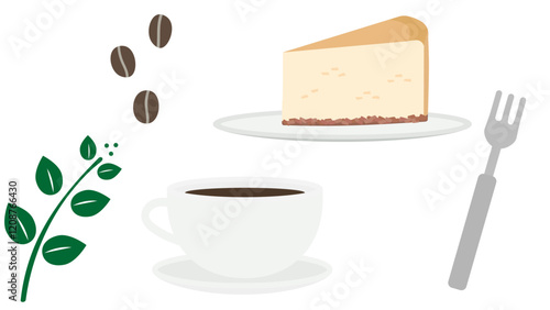 おしゃれなコーヒーとチーズケーキのイラスト素材セット