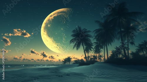 Tropical Beach Night Scene Large Moon Palm Trees