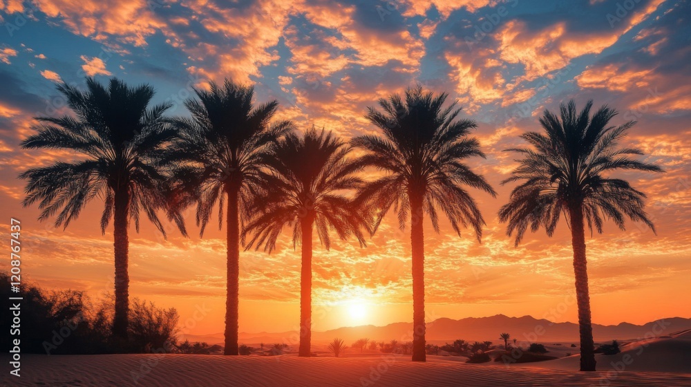 Obraz premium Desert Sunset Silhouette Of Palm Trees In Sand Dunes
