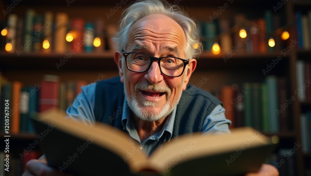 Elderly Person Reading in Front of Bookshelf Elderly Person Reading in Front of Bookshelf