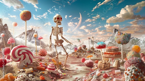Skeleton and candy in a fantasy landscape