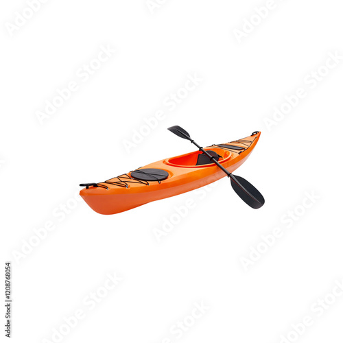 Orange kayak with paddle on white background