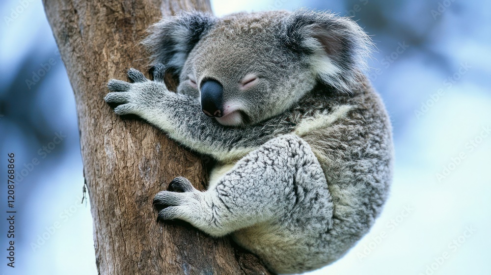 Naklejka premium Koala climbing tree in australia wildlife photography natural habitat close-up view