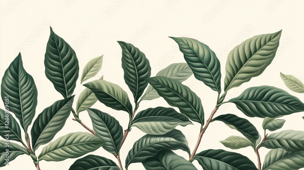 Fototapeta premium Botanical illustration of lush green coffee plant leaves