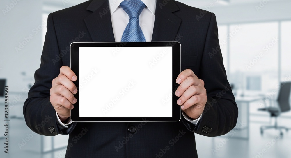 A businessman holds a mockup. iPad digital tablet with blank screen Mockup replaces your design mockup in the office.
A businessman holds a mockup. iPad digital tablet with blank screen Mockup replaces your design mockup in the office.
