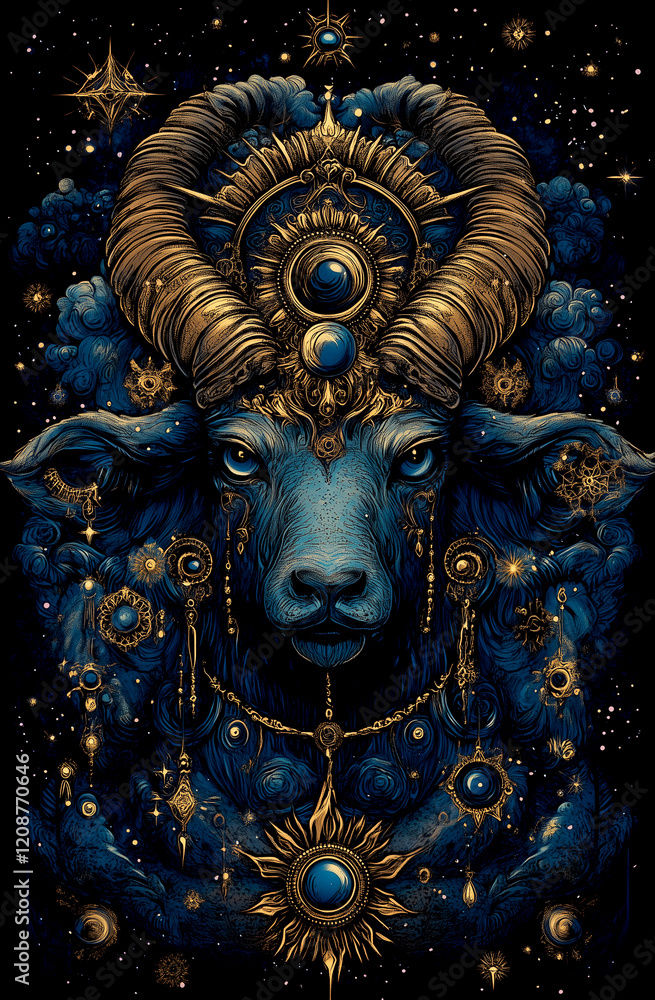 A blue ram with gold horns and a gold crown. The ram has a gold necklace around its neck A blue ram with gold horns and a gold crown. The ram has a gold necklace around its neck