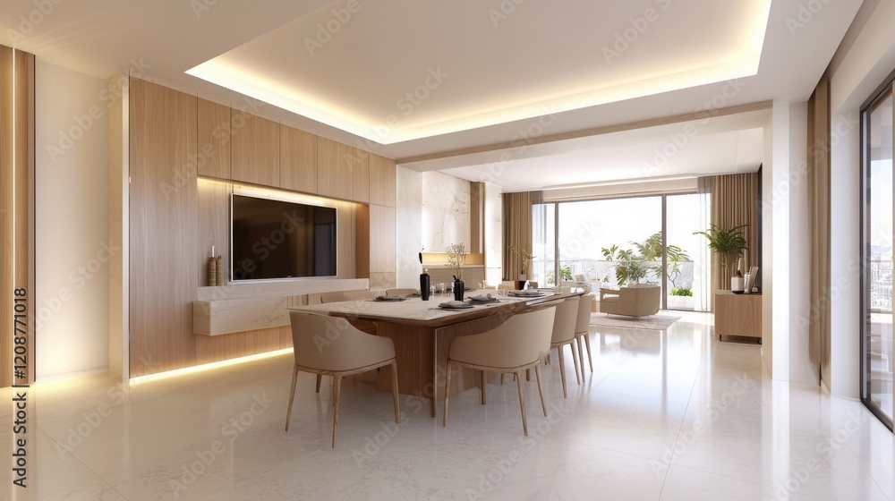 Fototapeta premium A modern dining area featuring a sleek wooden table, elegant chairs, and large windows allowing natural light to illuminate the space.