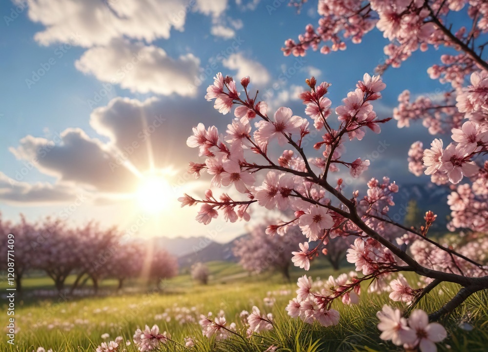 Cherry blossoms in a field with sunshine and clouds in the background, botanical, landscape, spring blooms Cherry blossoms in a field with sunshine and clouds in the background, botanical, landscape, spring blooms