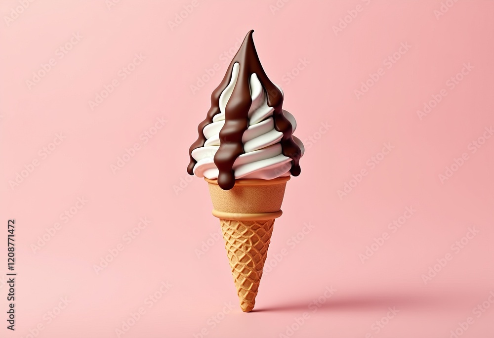 Minimalist Ice Cream Poster, Soft Serve Cone with Chocolate Fudge, Delicious & Delightful, Solid Color Background, Hyper Realistic, Sharp Focus, Digital Art, Advertising.

