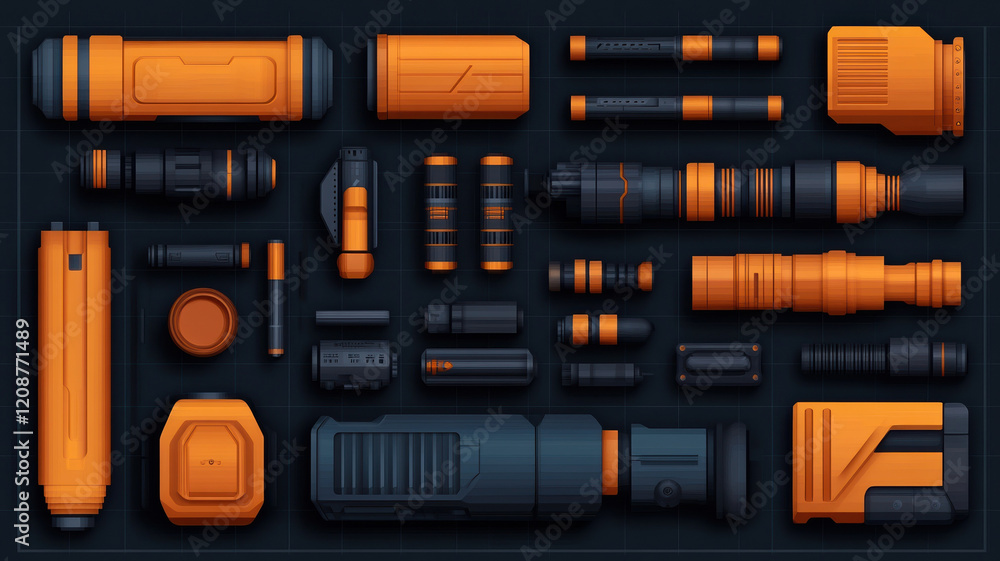 Futuristic gold mining equipment in orange and black minimalism Futuristic gold mining equipment in orange and black minimalism