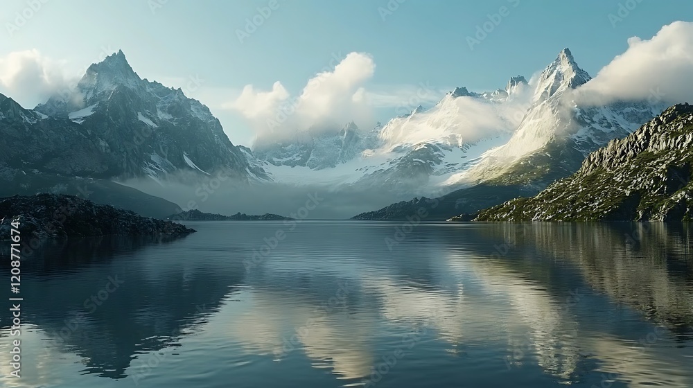 Fototapeta premium Misty Mountains Reflected in a Still Lake