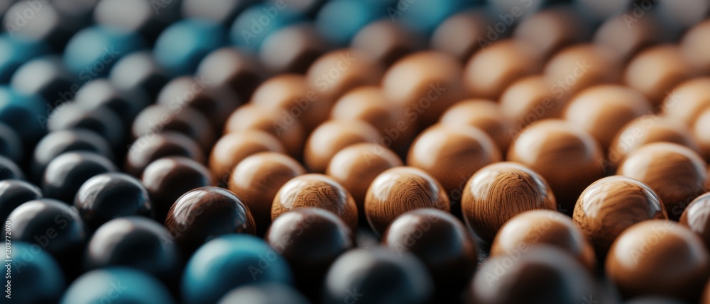 A close-up of colorful wooden balls arranged in a mesmerizing pattern, showcasing a blend of blue, brown, and black hues.