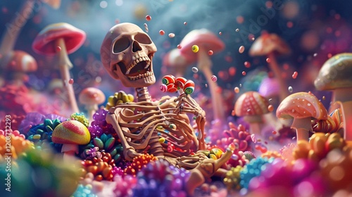 Skeleton with candy and colorful mushrooms