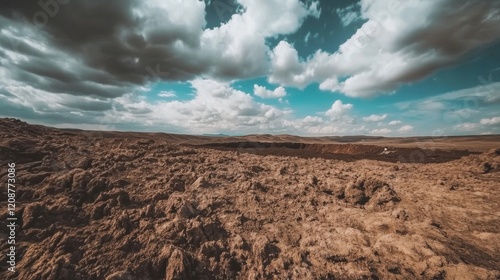 Massive meteor crater surrounded by cracked barren terrain under dramatic cloudy sky, showcasing the immense scale and raw power of natural geological formations. photo